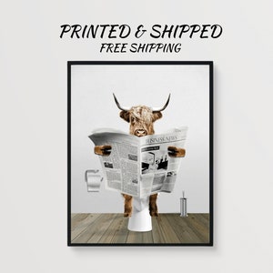 FREE WORLDWIDE SHIPPING!
PRINTED & SHIPPED Scottish highland cow bathroom decor, cow on toilet reading newspaper. Add a little touch of whimsy, fun and humor to your bathroom decor with this adorable farmhouse animal bathroom humor print.