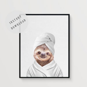 Sloth bathroom print sloth towel on head sloth spa bath bathrobe sloth shower bathroom wall art funny bathroom sloth animal wall art decor