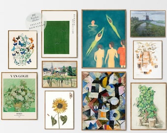 May include: A collection of 10 framed art prints featuring various styles and subjects, including a sunflower, a still life of roses, a landscape with a windmill, and abstract geometric shapes.