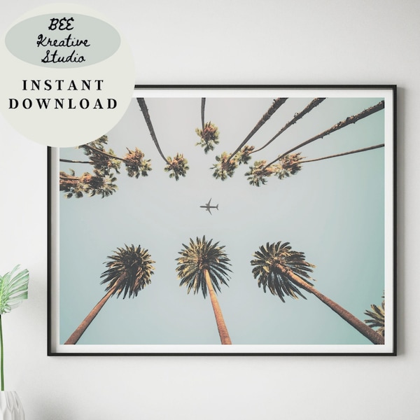 BEACH PRINT | Palm Trees Sky and Aircraft Print | Tropical Beach Palm Trees Wall Art | Coastal Palm Trees Print | Summer Beach Modern Art