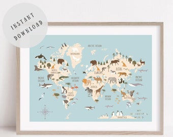 Kids Animal World Map Art Print, Educational Nursery Decor (Digital Download)