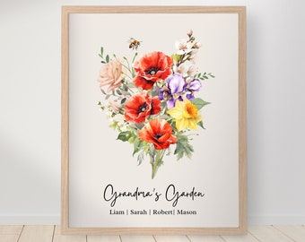 Naissance personnalisée mois bouquet de fleurs impression jardin de grand-mère famille naissance fleur grand-mère fête des mères Noël anniversaire art mural personnalisé