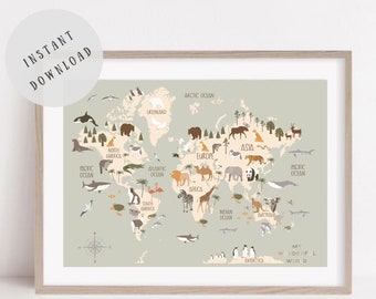 Kids World Map Art Print Educational Poster Nursery World Map Print Kid Animal Bedroom Décor Map of The World Kid Play Room Digital Download