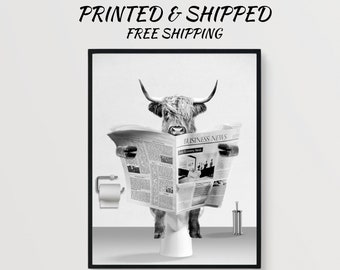 Highland Cow Bathroom Print: Funny Toilet Newspaper Art