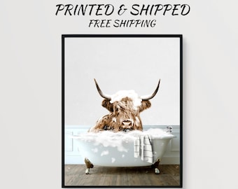 Highland cow bathroom wall art funny cow bathtub print cow bathroom artwork animal on toilet highland cow in bath tub print bathroom decor