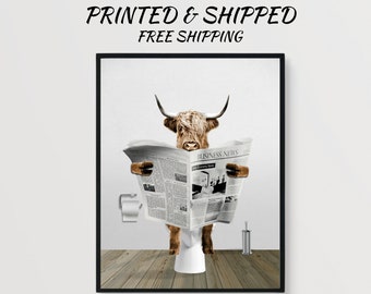 Highland cow bathroom décor cow reading newspaper funny cow on toilet artwork farmhouse animal bathroom print cow animal toilet wall art