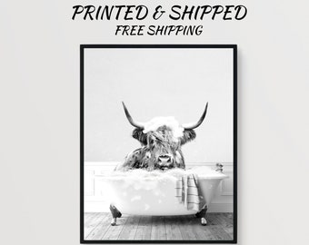Scottish highland cow bathtub print funny cow in tub bathroom artwork black and white animal on toilet highland cow bathroom wall art decor