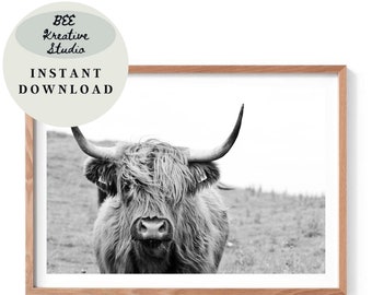 Print Highland Cow, zwart-wit poster boerderijdieren (digitale download)