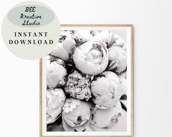 Black and White Peonies Print, Botanical Floral Wall Art (Digital Download)
