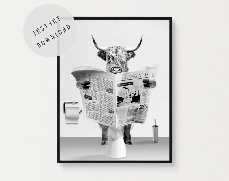 HIGHLAND COW DIGITAL DOWNLOAD PRINT!
Black and White Scottish highland cow bathroom decor, cow in toilet reading newspaper. Add a little touch of whimsy, fun and humour to your bathroom decor with this printable animal bathroom humour print.