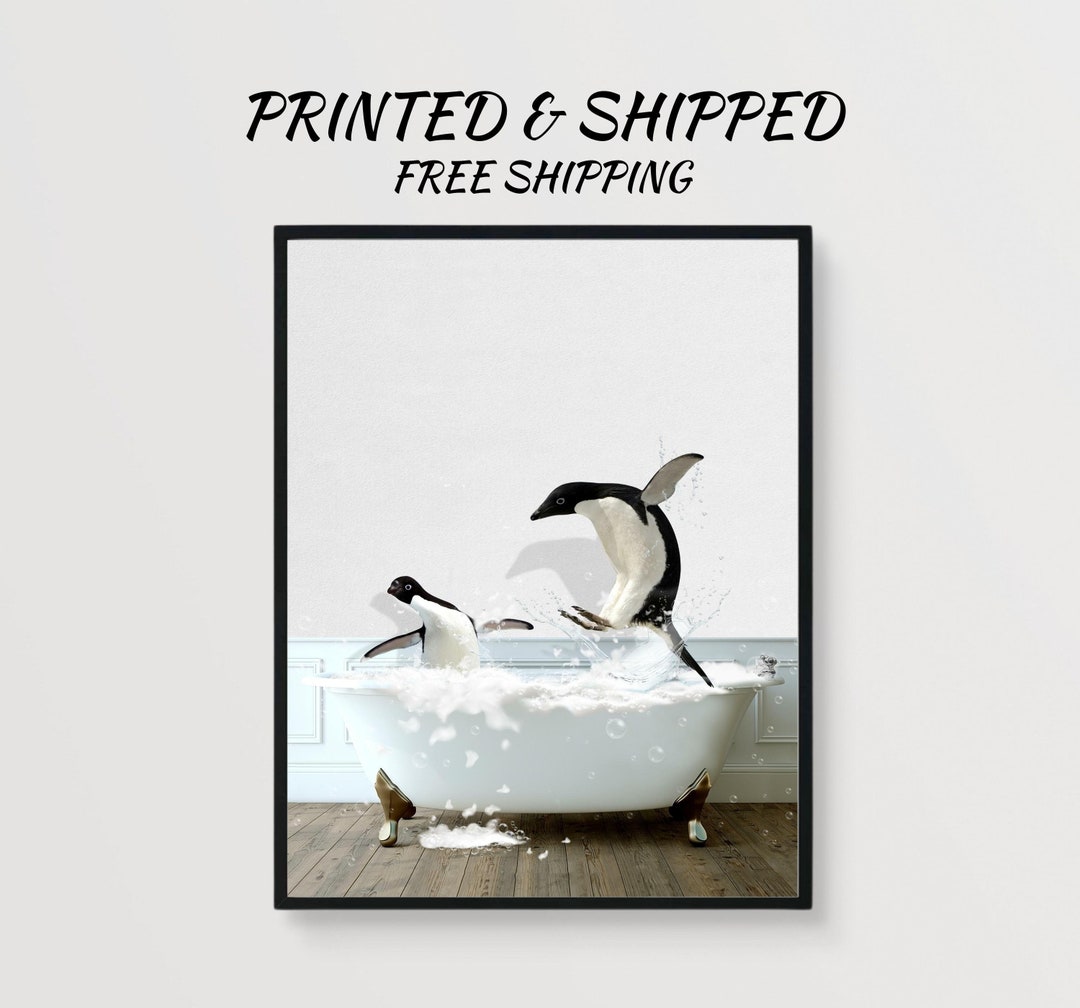 Penguin in Bathtub Print Funny Penguin Bathroom Decor Kid Penguin Wall