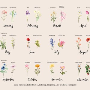 May include: A chart of flowers representing each month of the year. January is represented by a carnation, February by an iris, March by a cherry blossom, April by a tulip, May by a lily of the valley, June by a rose, July by a water lily, August by a poppy, September by a morning glory, October by a cosmos, November by a chrysanthemum, and December by holly.