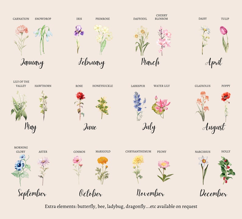 May include: A chart of flowers representing each month of the year. January is represented by a carnation, February by an iris, March by a cherry blossom, April by a tulip, May by a lily of the valley, June by a rose, July by a water lily, August by a poppy, September by a morning glory, October by a cosmos, November by a chrysanthemum, and December by holly.