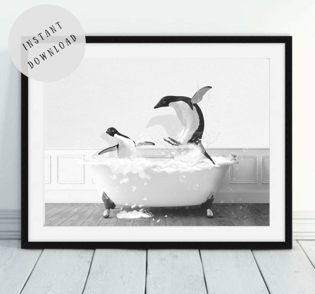 Penguin in Bathtub Art Print Funny Bathroom Penguin in Bath Tub Wall ...