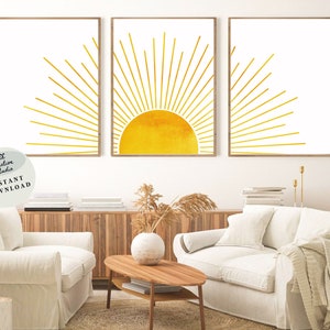 Boho Sun Wall Art Set of 3 Yellow Sun Print Sunrise Sunshine Artwork Minimalist Abstract Gold Sun Wall Décor Printable Art Sun Nursery Décor