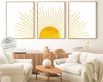 Boho Sun Wall Art Set of 3 Yellow Sun Print Sunrise Sunshine Artwork Minimalist Abstract Gold Sun Wall Décor Printable Art Sun Nursery Décor