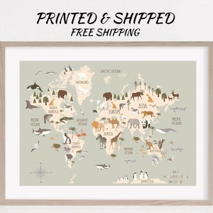 Carte du monde animal pépinière impression carte du monde animal enfant chambre affiche chambre d’enfant chambre d’enfant carte du monde animal mur art pépinière salle de jeux carte décor