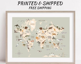 Animal World Map Nursery Print, Kids Room Decor