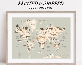 Animal world map nursery print animal world map kid bedroom poster kid room nursery animal world map wall art nursery playroom map decor