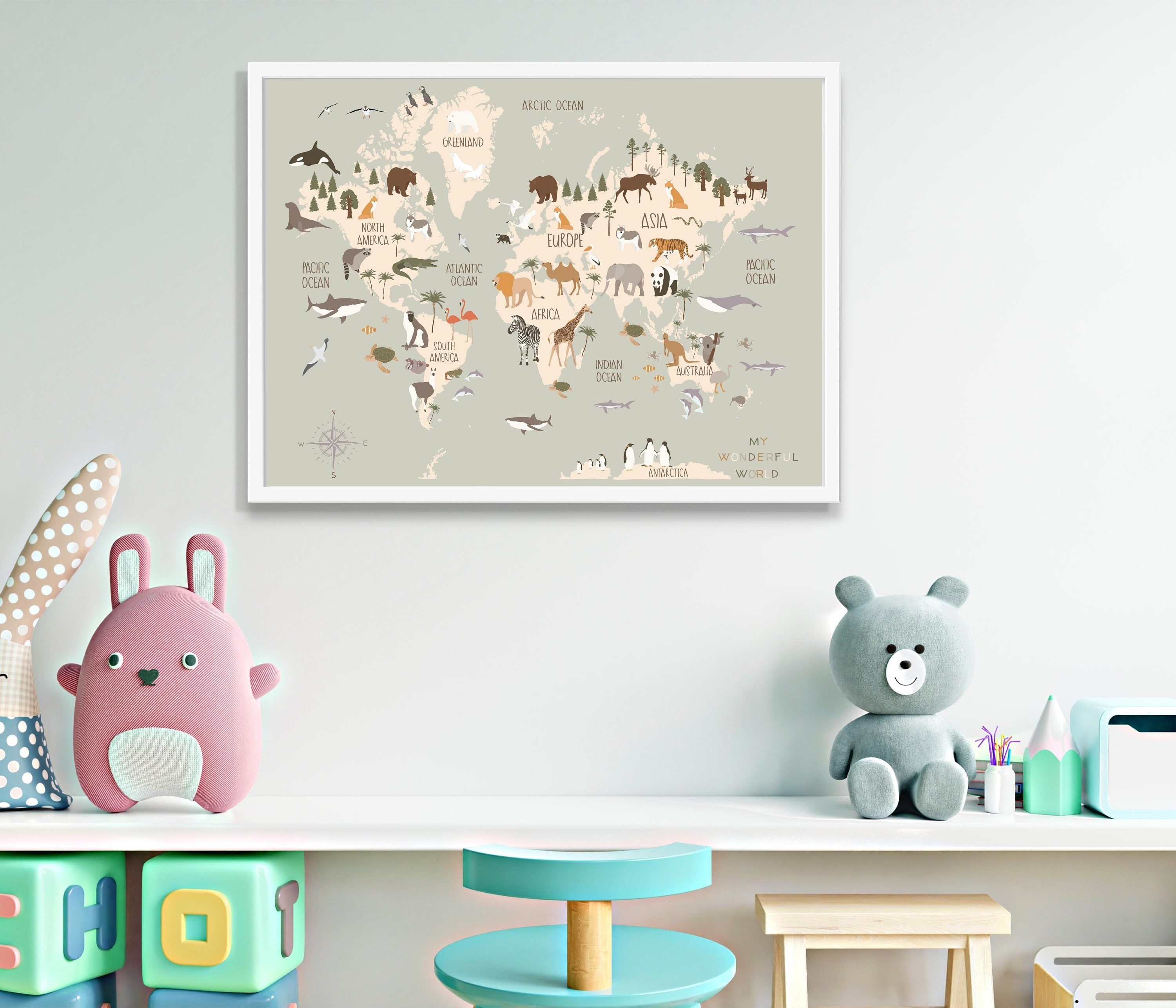 Kids World Map Art Print Educational Poster Nursery World Map Print Kid ...