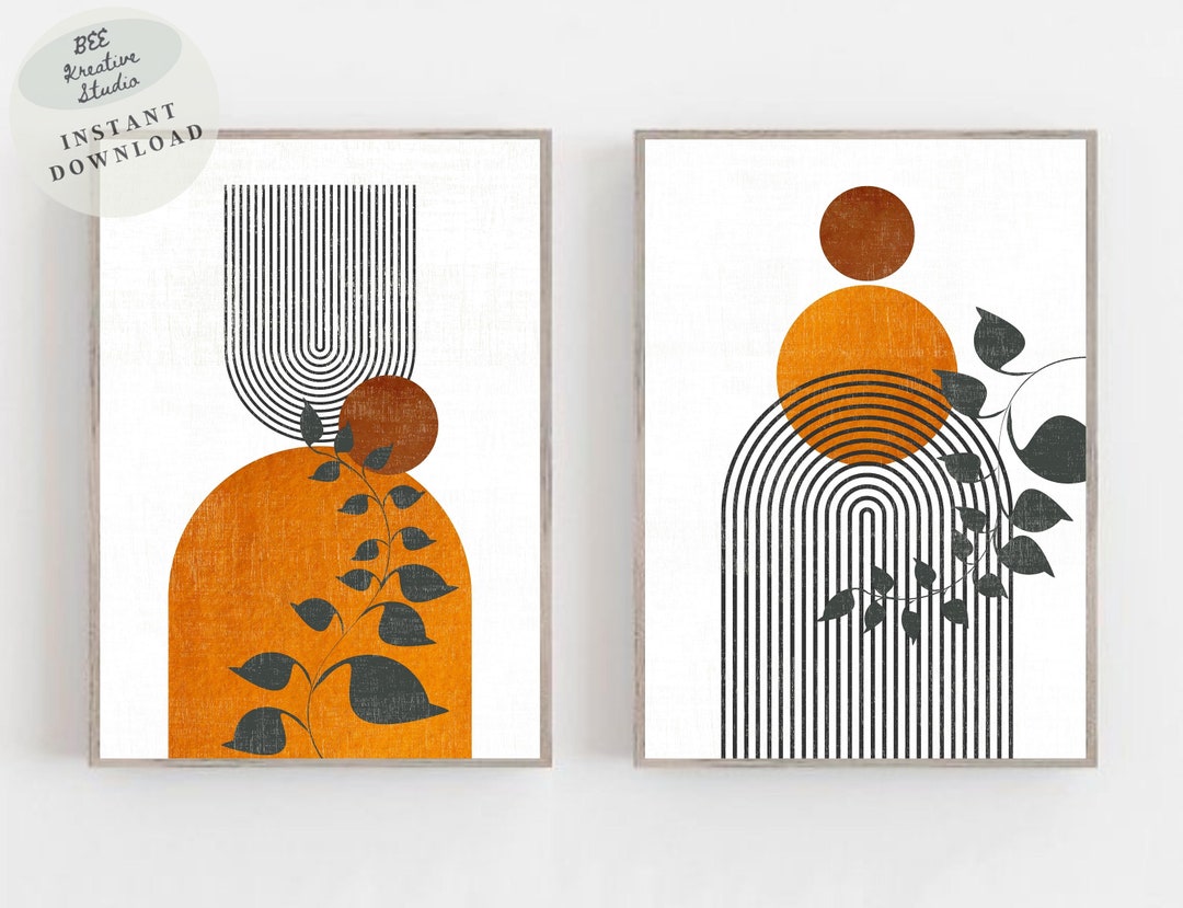 Set of 2 Mid-century Modern Abstract Print | Terracotta Geometric Wall ...