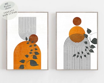 Mid-Century Modern Abstract Print Set | Terracotta Geometric Art (Digital Download)