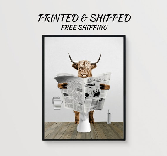 Highland cow bathroom décor cow reading newspaper funny cow on toilet artwork farmhouse animal bathroom print cow animal toilet wall art