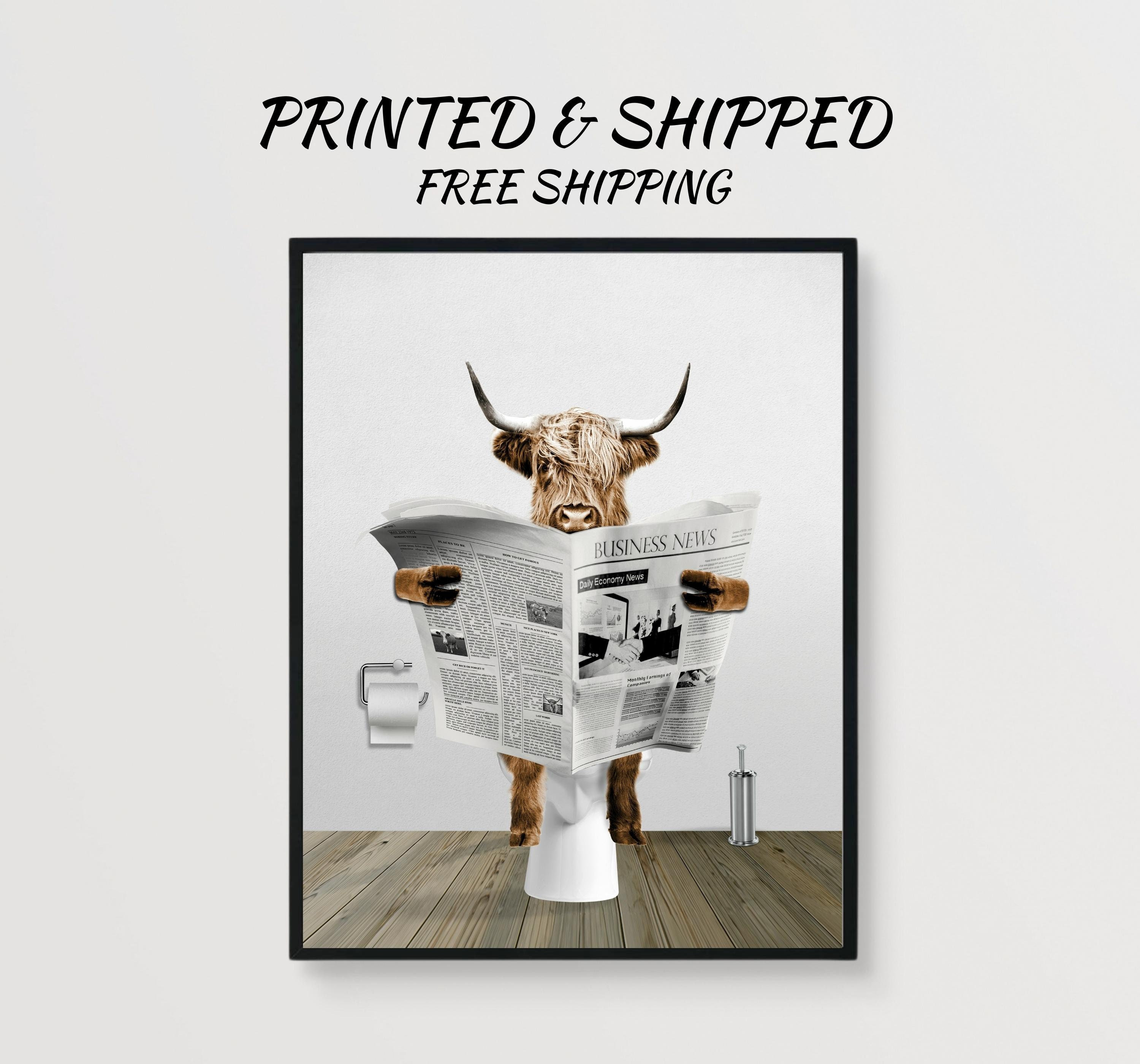FREE WORLDWIDE SHIPPING!
PRINTED & SHIPPED Scottish highland cow bathroom decor, cow on toilet reading newspaper. Add a little touch of whimsy, fun and humor to your bathroom decor with this adorable farmhouse animal bathroom humor print.