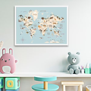 Kids Animals World Map Art Print, Educational Poster, Nursery Map Décor ...