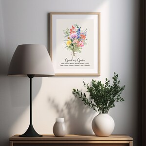 May include: A watercolor print of a bouquet of flowers with a white ribbon and the text "Grandma's Garden" with a list of names below.