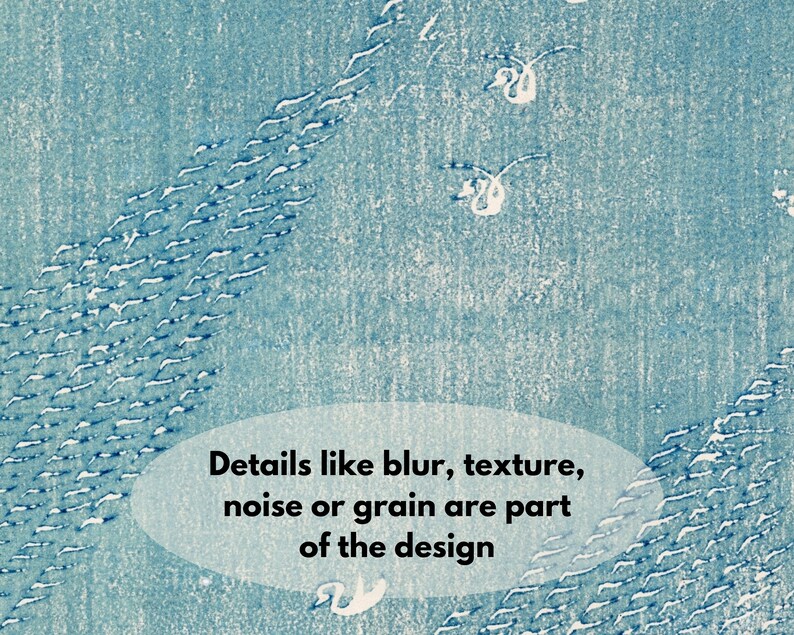 K&ouml;nnte beinhalten: Abstrakter Kunstdruck in Blaut&ouml;nen mit wei&szlig;en Akzenten. Das Bild zeigt einen strukturierten Hintergrund mit einem Muster aus gebogenen Linien und kleinen, stilisierten Formen. Text in einem hellblauen Oval lautet: "Details wie Unsch&auml;rfe, Textur, Rauschen oder K&ouml;rnung sind Teil des Designs."