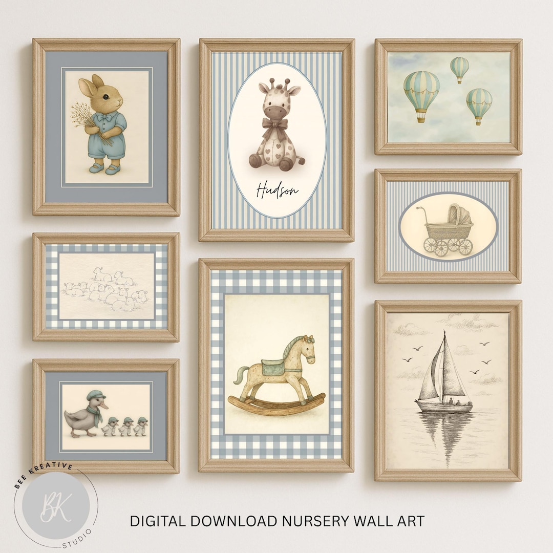 Personalized Blue Nursery Wall Art Set: Vintage Boy Room Decor (digital ...