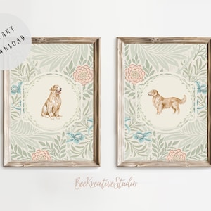 Golden retriever vivero pared arte perro vivero impresión vintage pastel floral perro imprimible niño dormitorio vivero golden retriever perro decoración de la pared