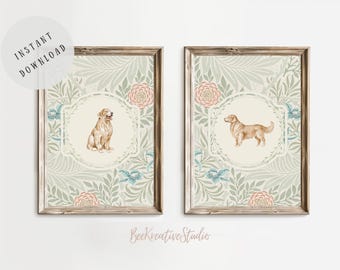 May include: Two printable art prints featuring a golden retriever dog in a vintage floral frame. The prints are perfect for a dog lover's home decor.