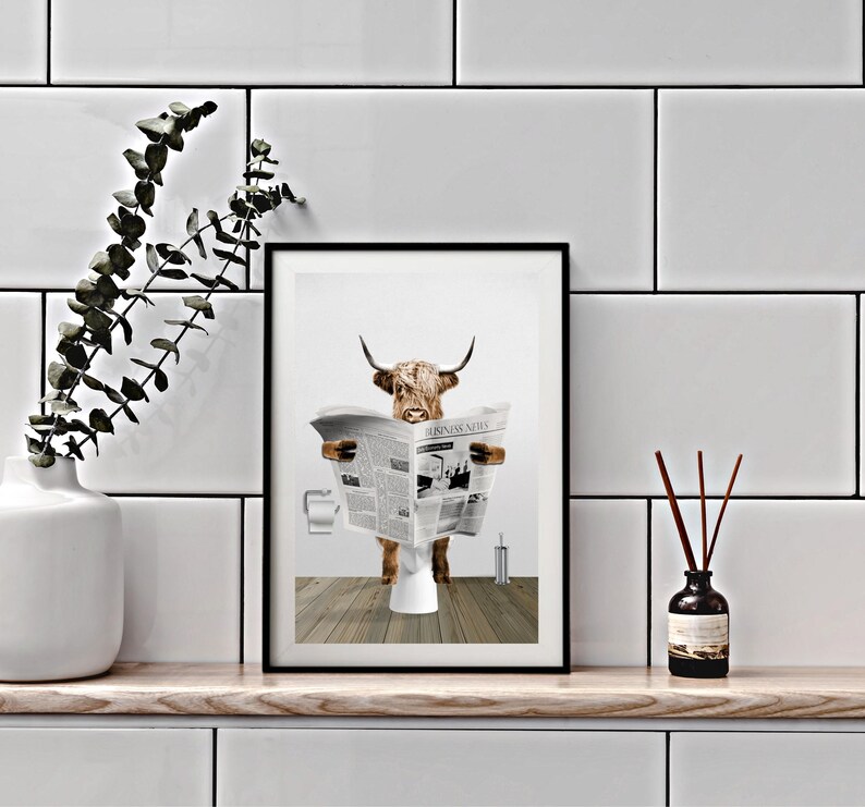FREE WORLDWIDE SHIPPING! Printed & Shipped cow reading newspaper farmhouse animal bathroom print