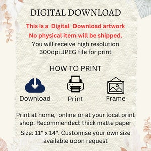 May include: Digital download artwork. No physical item will be shipped. You will receive a high resolution 300dpi JPEG file for print. Print at home, online or at your local print shop. Recommended: thick matte paper. Size: 11" x 14". Customise your own size available upon request.