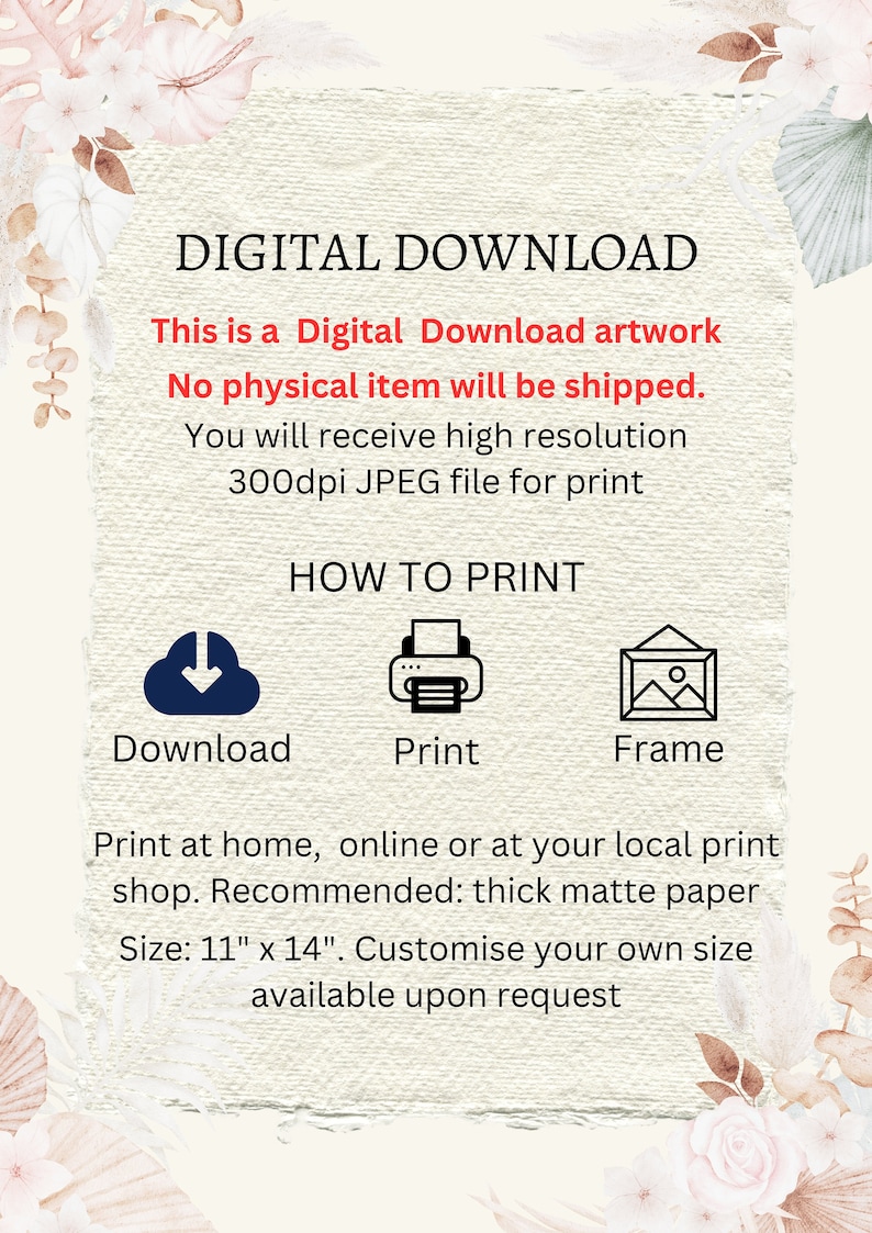 May include: Digital download artwork. No physical item will be shipped. You will receive a high resolution 300dpi JPEG file for print. Print at home, online or at your local print shop. Recommended: thick matte paper. Size: 11" x 14". Customise your own size available upon request.