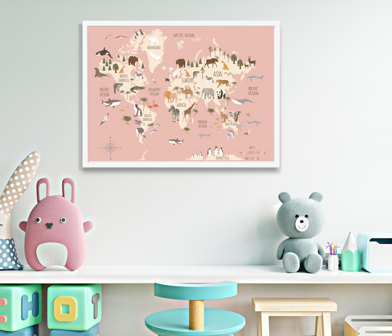 Kids World Map Art Print Kids Educational Poster Nursery Map of the ...