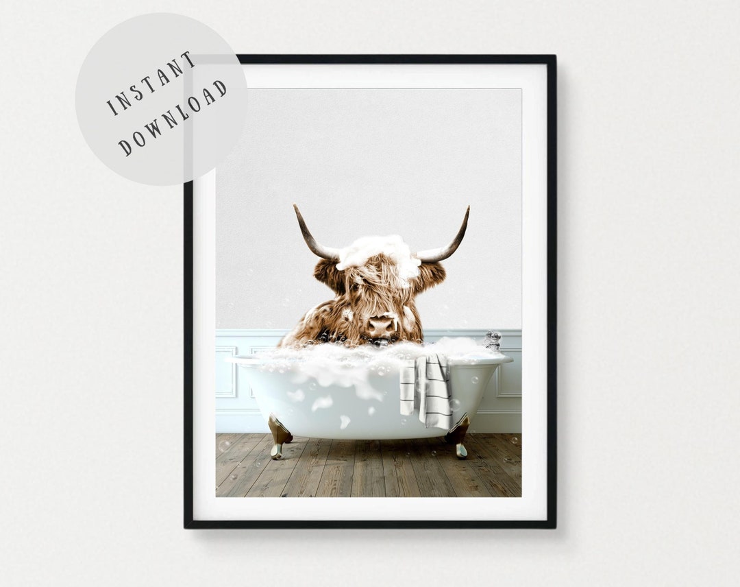 Highland Cow in Bathtub Bathroom Print Cow Bath Cow in Tub Funny Wall ...