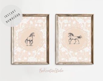 Vintage Horse Nursery Print: Boho Floral Pastel Art (Digital Download)