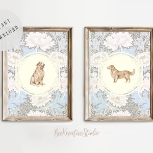 Vintage golden retriever nursery print boho vintage dog nursery decor pastel floral golden retriever printable kid room dog nursery wall art