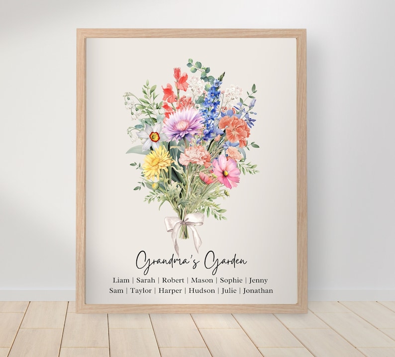 May include: A watercolor illustration of a bouquet of flowers in a vase with the text "Grandma's Garden" and a list of names below. The flowers are in shades of pink, yellow, blue, and red.