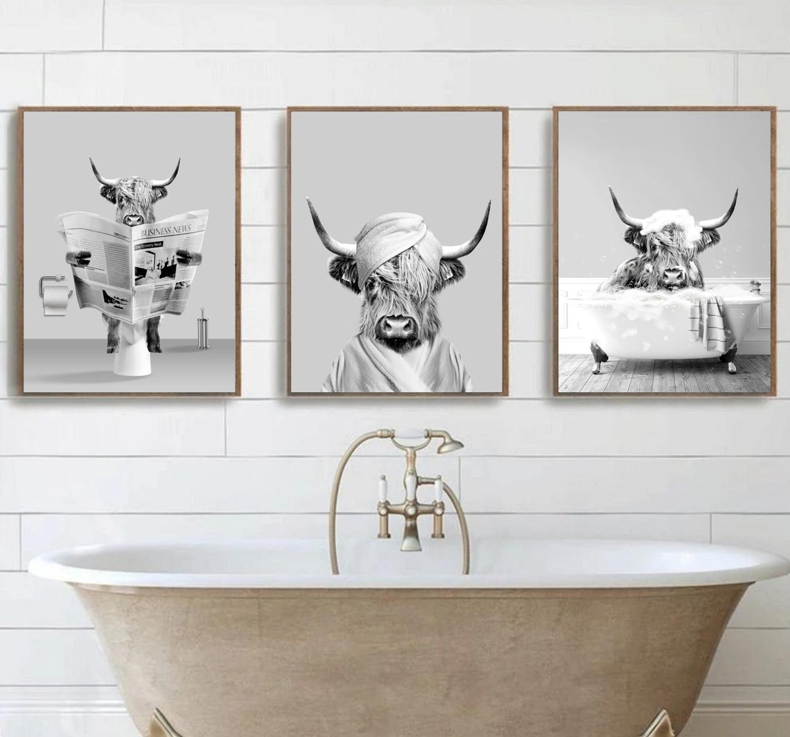 Set of 3 Scottish Highland Cow Print Funny Bathroom Print | Etsy Australia