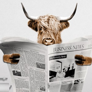 May include: A brown and white Highland cow wearing gloves reads a newspaper titled "Business News: Daily Economy News". The newspaper has a headline about "Monthly earnings of Companies" and a photo of two people shaking hands.