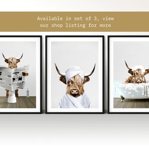 May include: Set of three framed prints featuring a Highland cow in different humorous situations. The first print shows the cow reading a newspaper while sitting on a toilet. The second print shows the cow wearing a white bathrobe and a towel on its head. The third print shows the cow taking a bath in a white bathtub with bubbles.