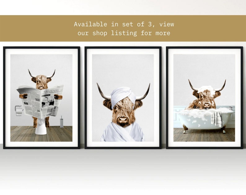 May include: Set of three framed prints featuring a Highland cow in different humorous situations. The first print shows the cow reading a newspaper while sitting on a toilet. The second print shows the cow wearing a white bathrobe and a towel on its head. The third print shows the cow taking a bath in a white bathtub with bubbles.