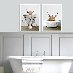 Ensemble de 3 vaches écossaises des Highlands Impression drôle de salle de bains Art mural animal fantaisie Décoration de salle de bain pour enfants Humour dans la salle de bain image 3