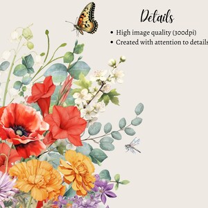 May include: A watercolor painting of a bouquet of flowers, including red poppies, orange marigolds, and white blossoms. The bouquet is surrounded by green eucalyptus leaves and a butterfly and dragonfly are flying nearby.