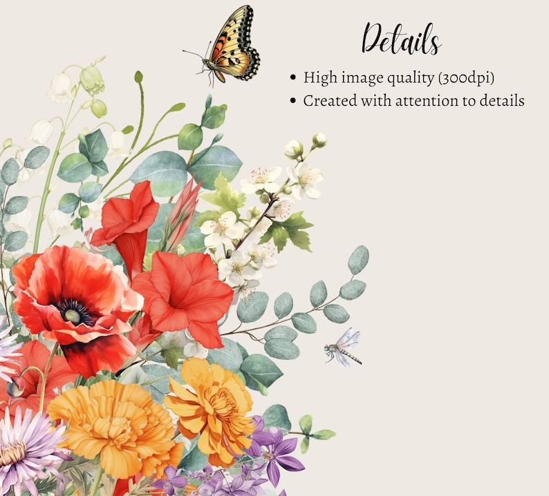 May include: A watercolor painting of a bouquet of flowers, including red poppies, orange marigolds, and white blossoms. The bouquet is surrounded by green eucalyptus leaves and a butterfly and dragonfly are flying nearby.