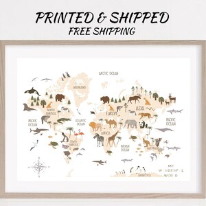 Kid Animal World Map Poster Nursery Animal World Map Print Kid Animal Nursery World Map Wall Art Salle de jeux Décor Carte du monde Chambre d’enfants